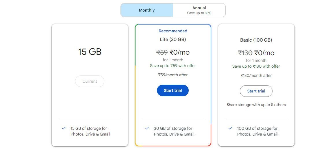 Google One Lite storage plans