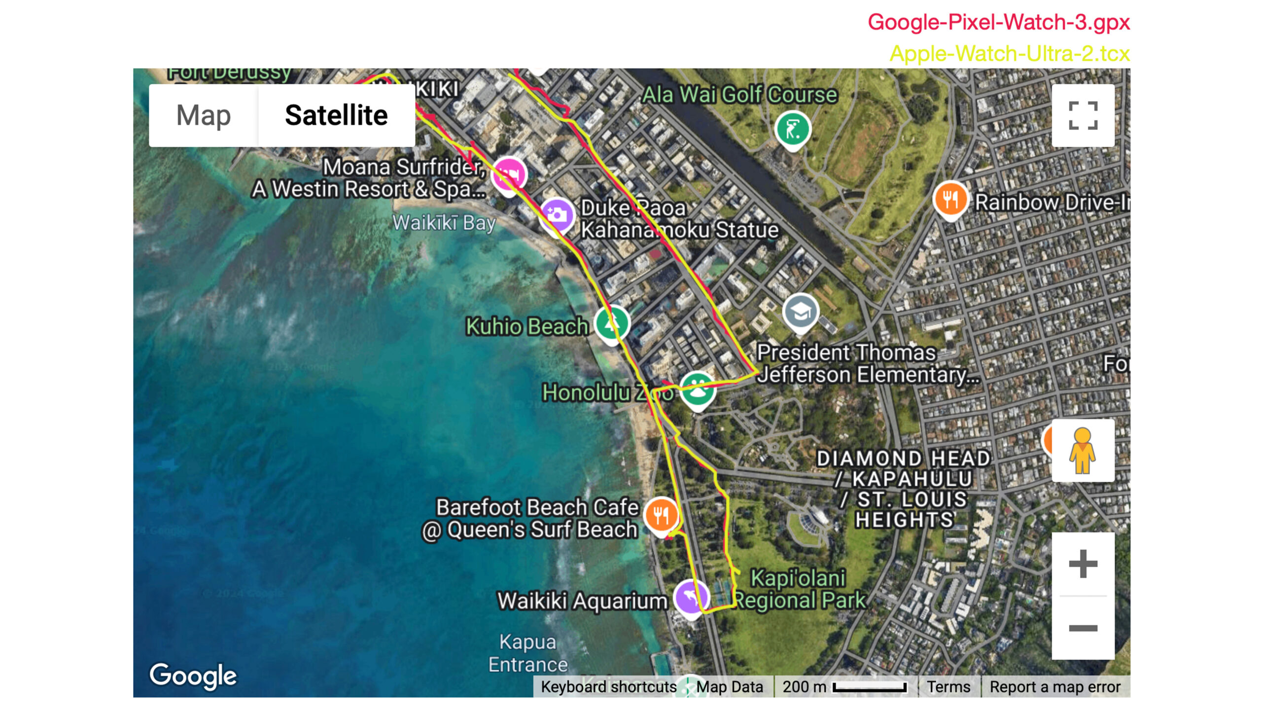 A GPS map shows an urban running route recorded by the Google Pixel Watch 3 and Apple Watch Ultra 2. 