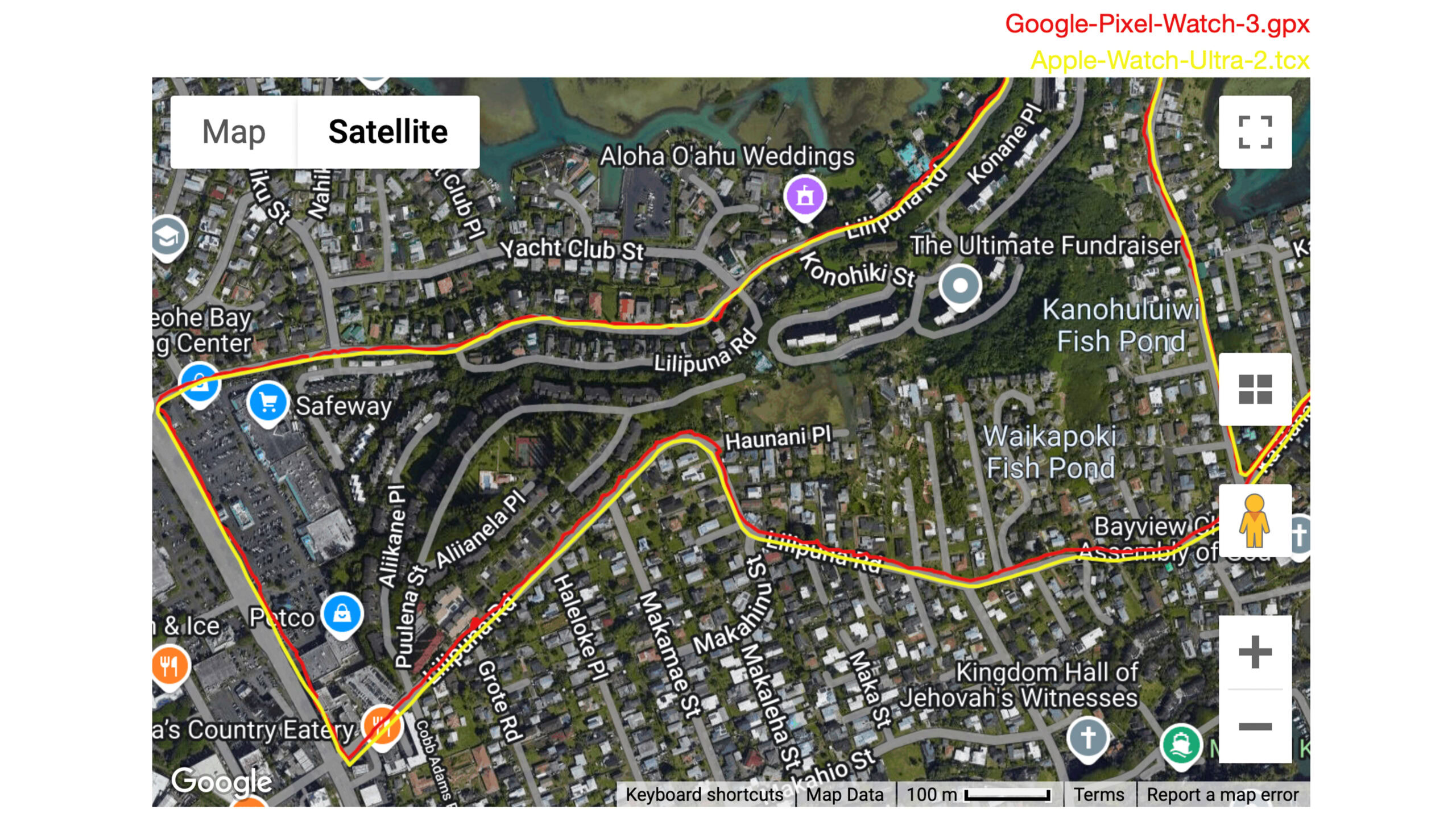 A GPS map shows a running route through Waikiki, recorded by the Google Pixel Watch 3 and Apple Watch Ultra 2. 