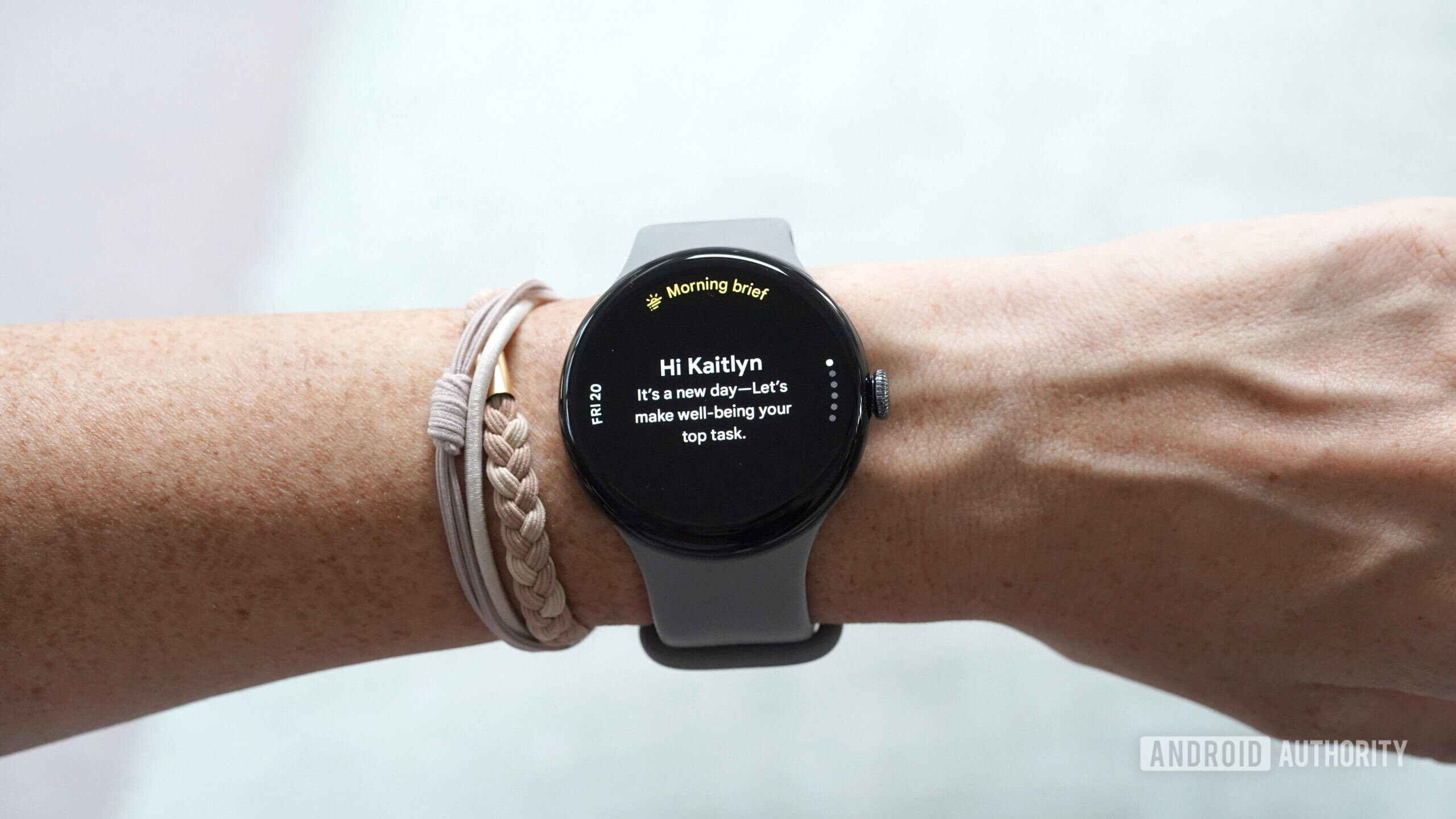 A Google Pixel Watch 3 displays a users' Morning Brief.