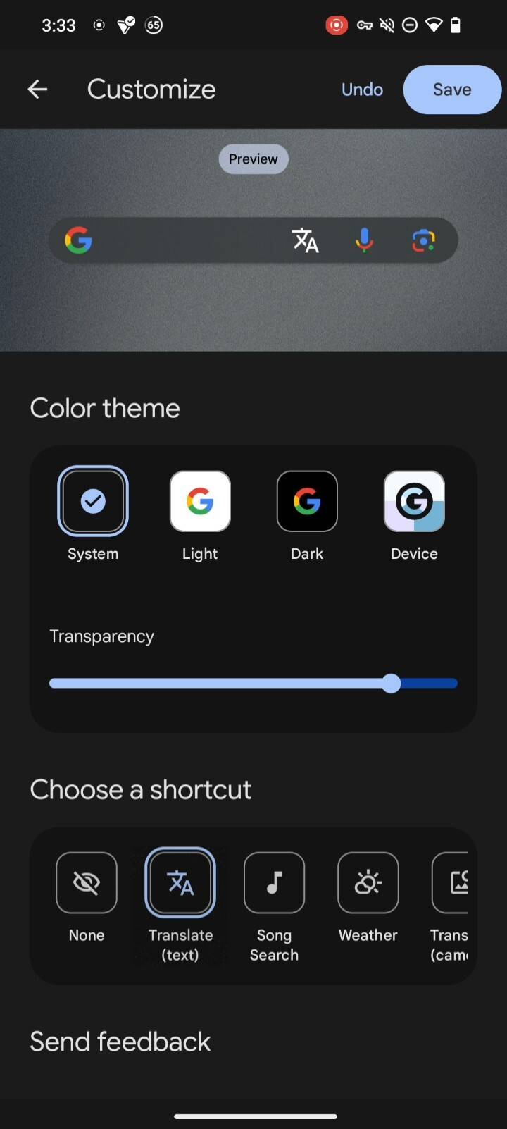 Google Search widget customize screen with Choose a shortcut option.