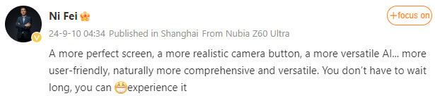 Ni Fei Nubia Z70 Ultra camera button