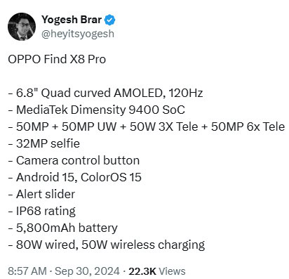 OPPO Find X8 Pro specs Yogesh Brar