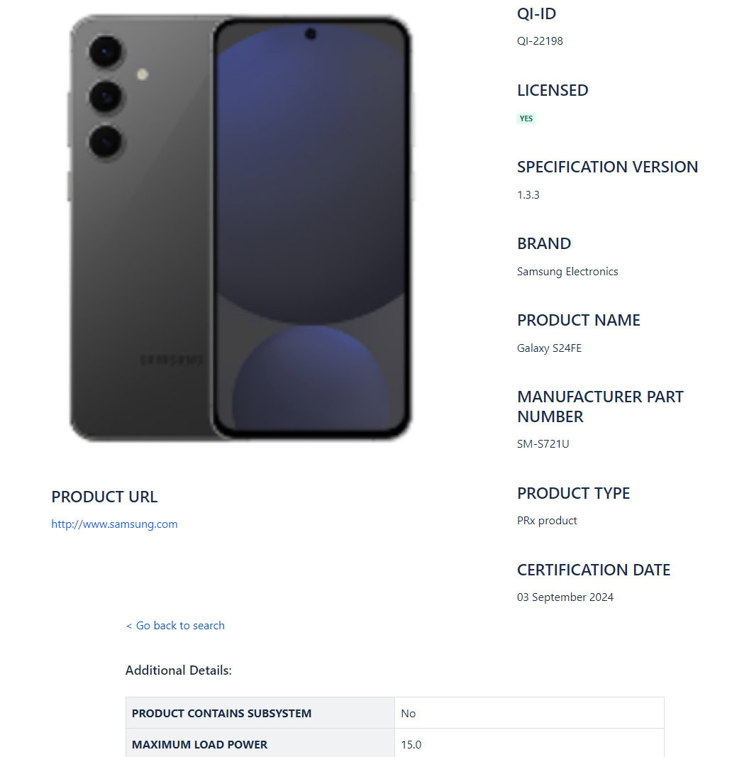 Samsung Galaxy S24 FE WPC filing