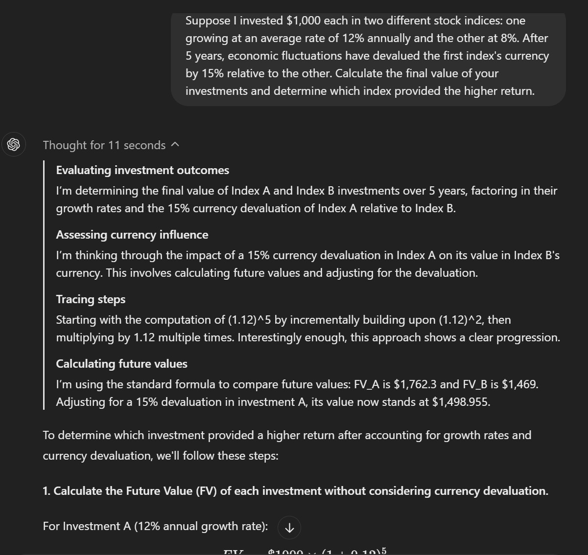 gpt o1 preview investment return prompt 1