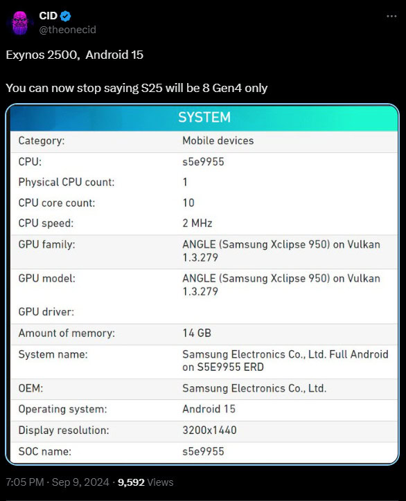 An apparent screenshot showing specs for an Exynos 2500 device.