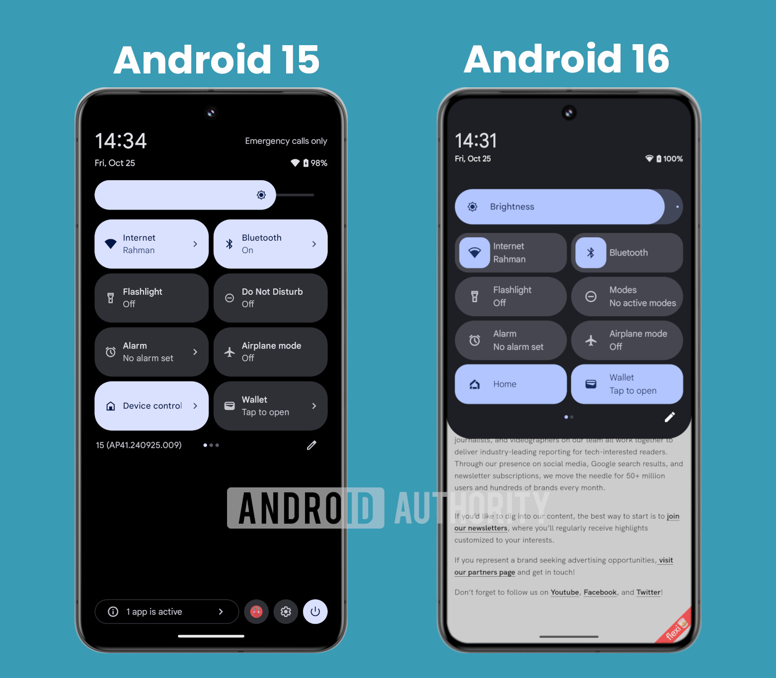 Quick settings panel for Android 15 and Android 16