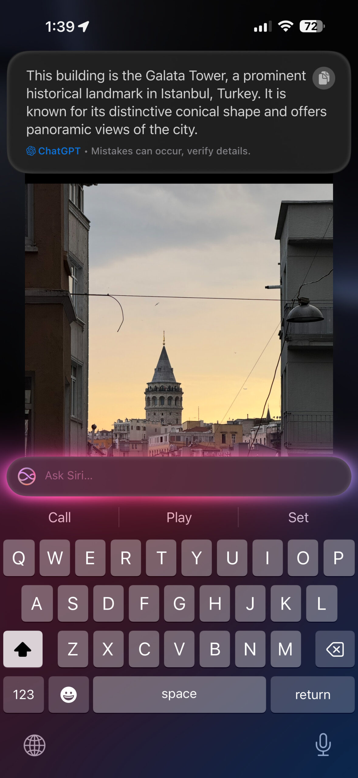 ChatGPT on iOS 18.2 describing the building it sees on iPhone screen