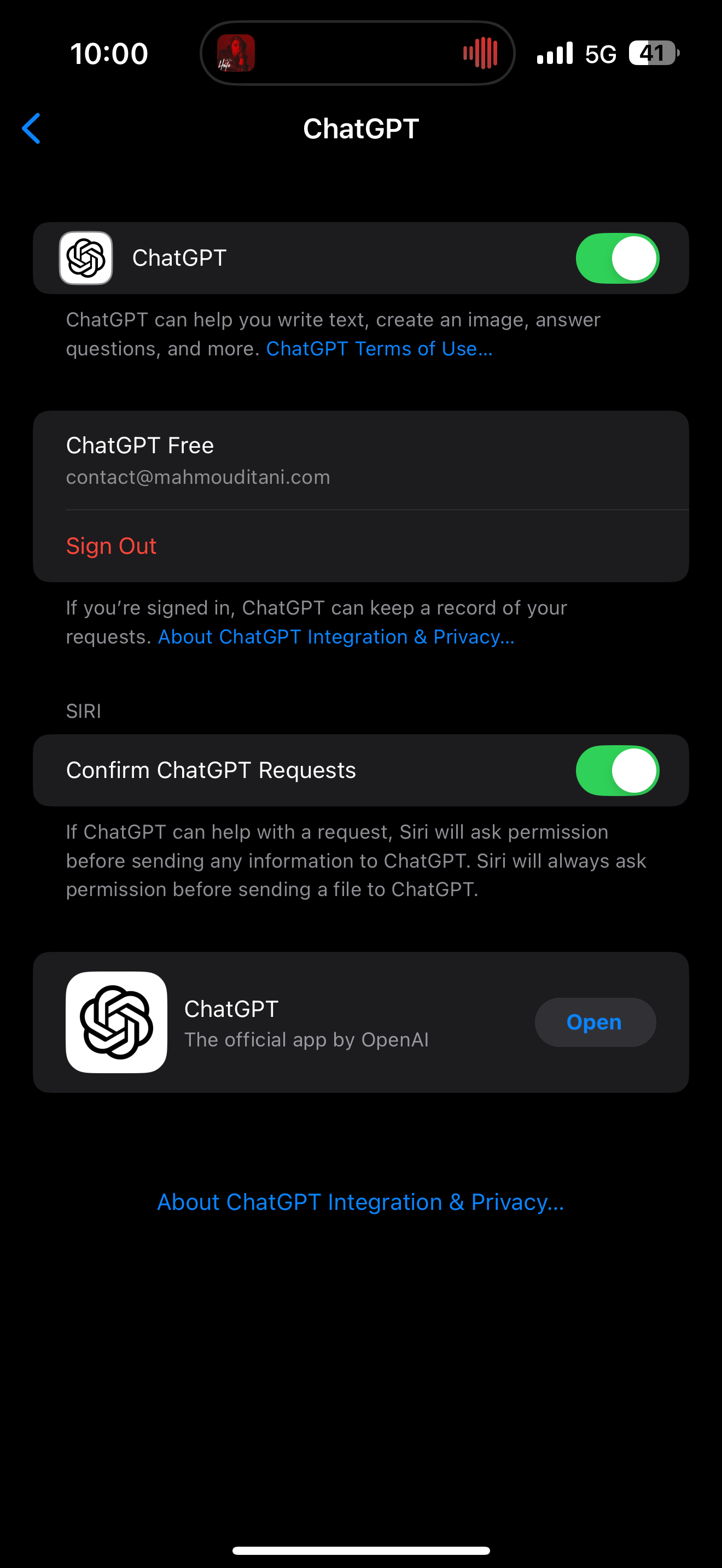 ChatGPT settings on iOS 18.2