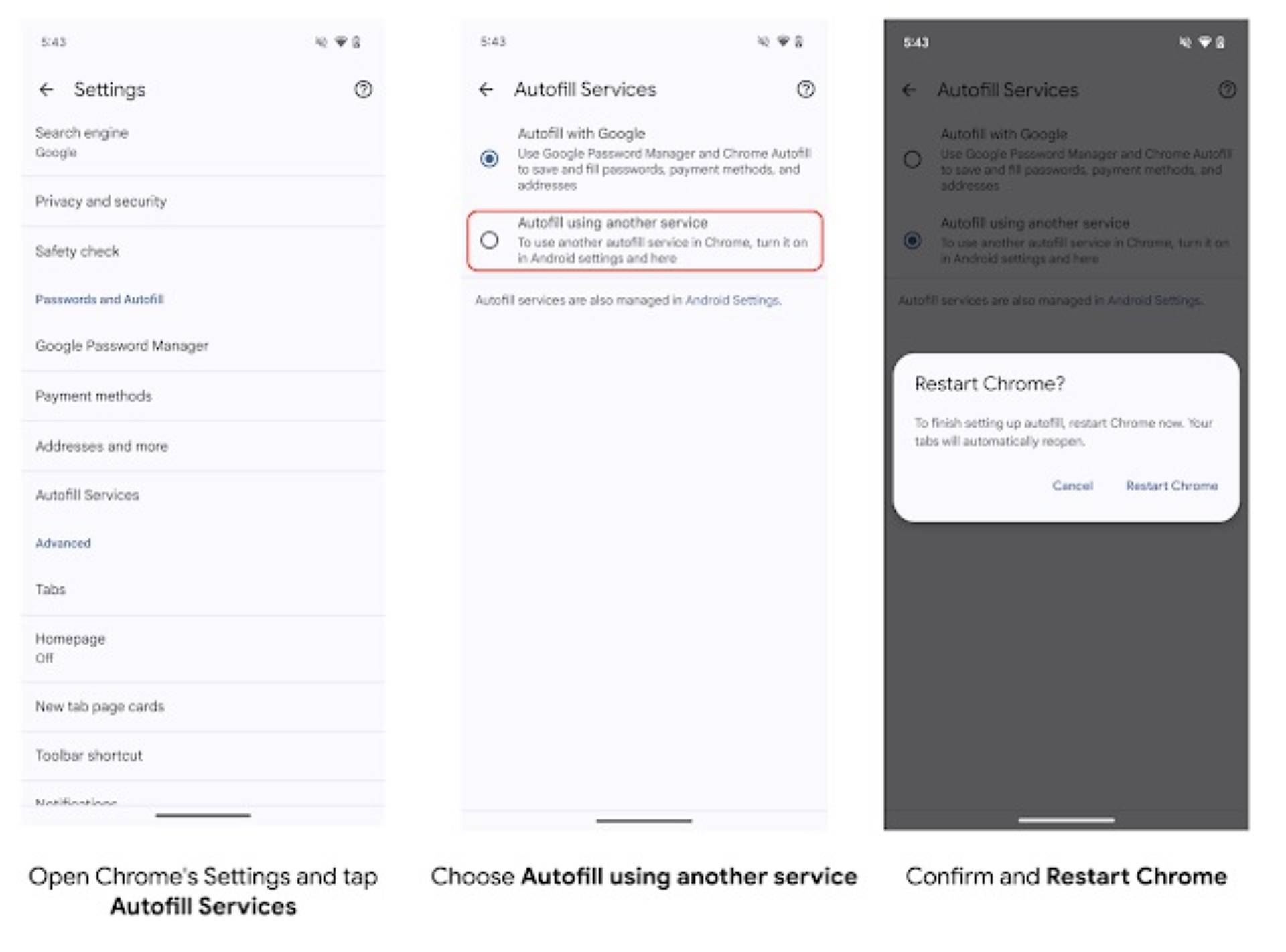 Screenshot of Chrome Autofill service settings