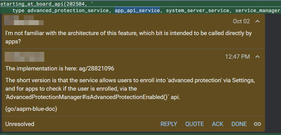 A comment explaining what Android Advanced Protection Mode is for