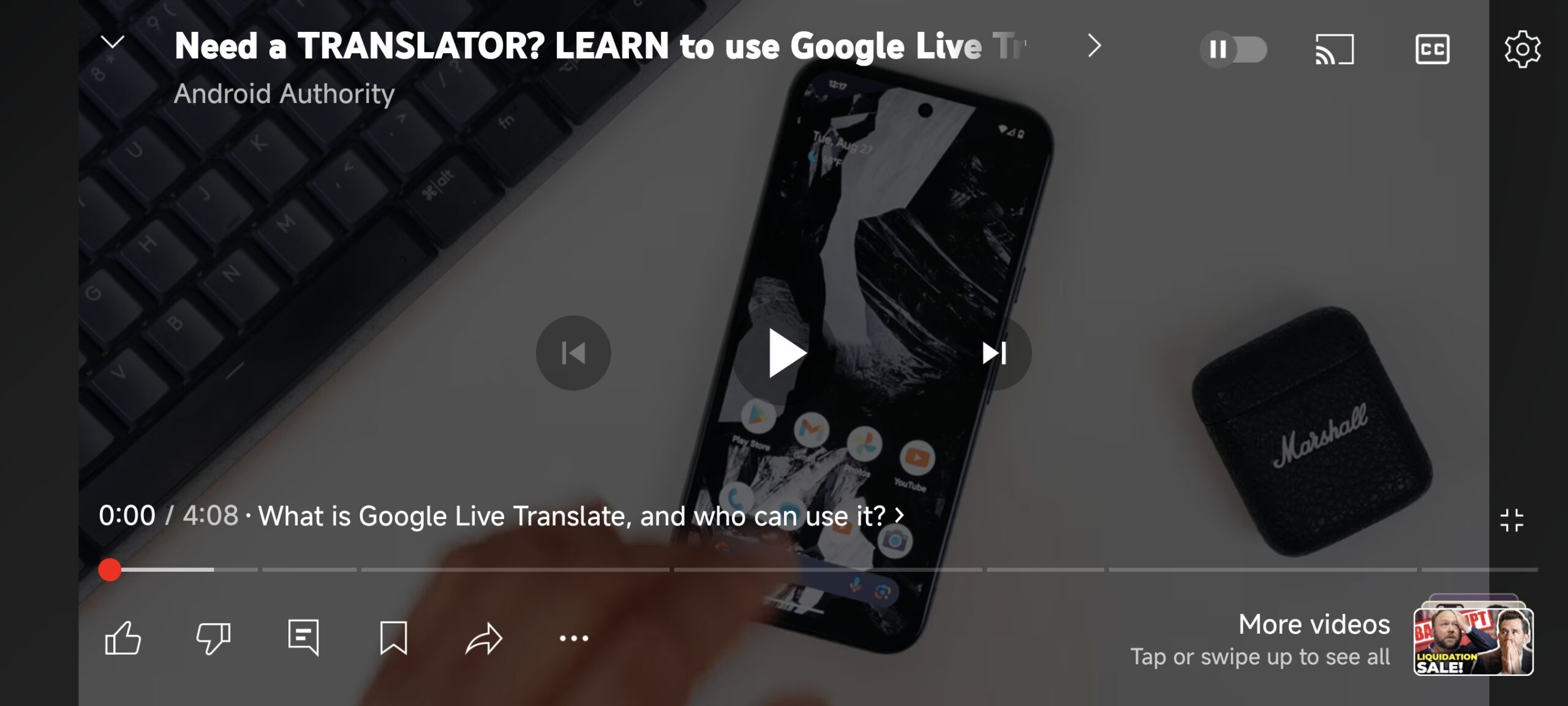 Current YouTube for Android player UI for videos not in playlists