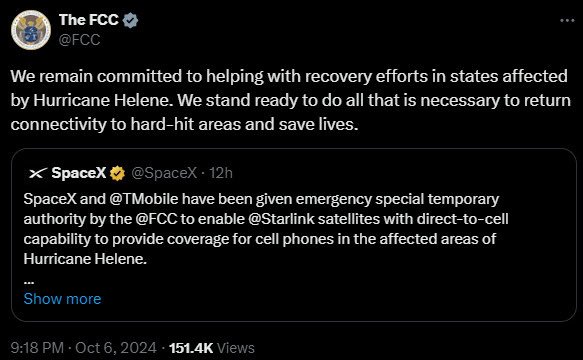 FCC SpaceX Hurricane Helene approval