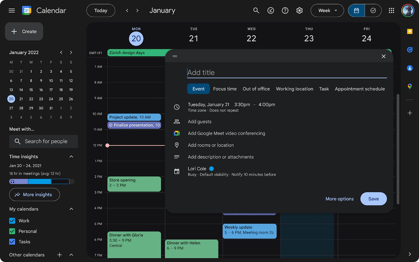 Google Calendar Dark Mode Example