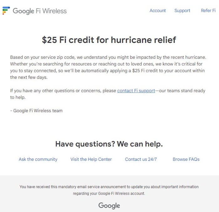 Google Fi Wireless 25 USD hurricane relief credit