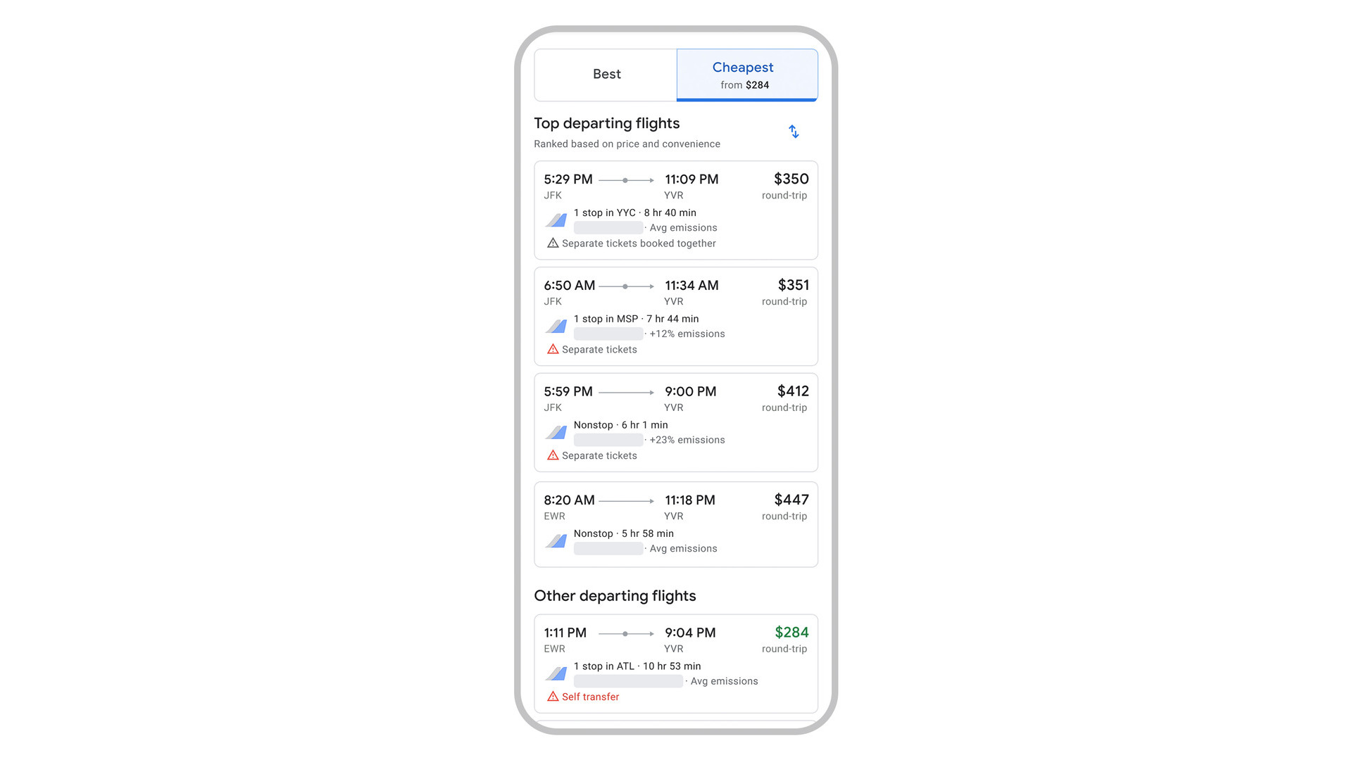 Google Flights new Cheapest tab