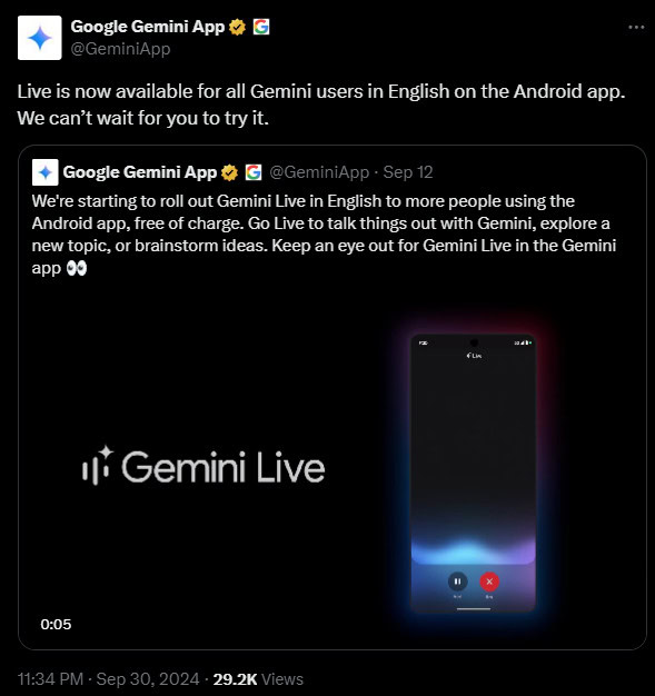 Google Gemini Live available everywhere tweet