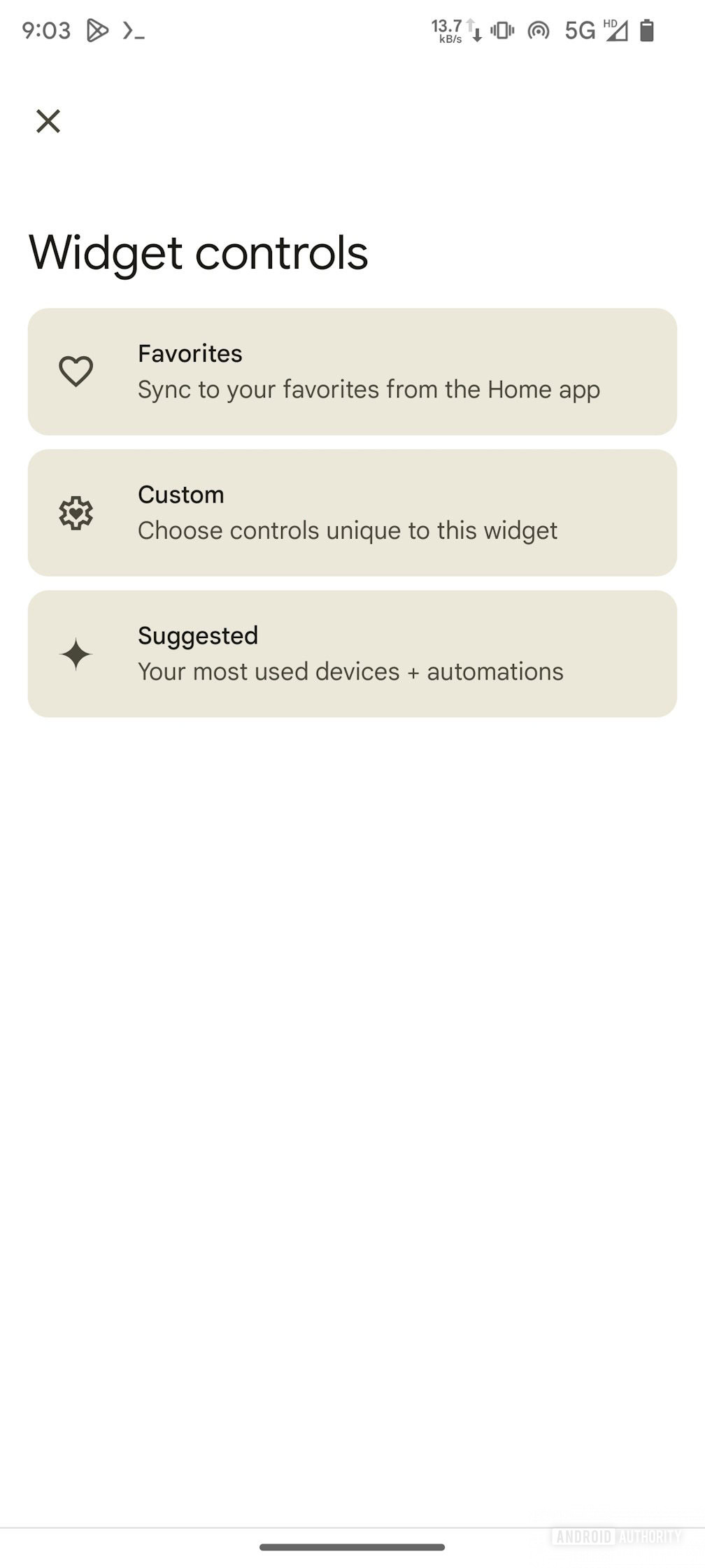 Google Home widget options Upcoming options