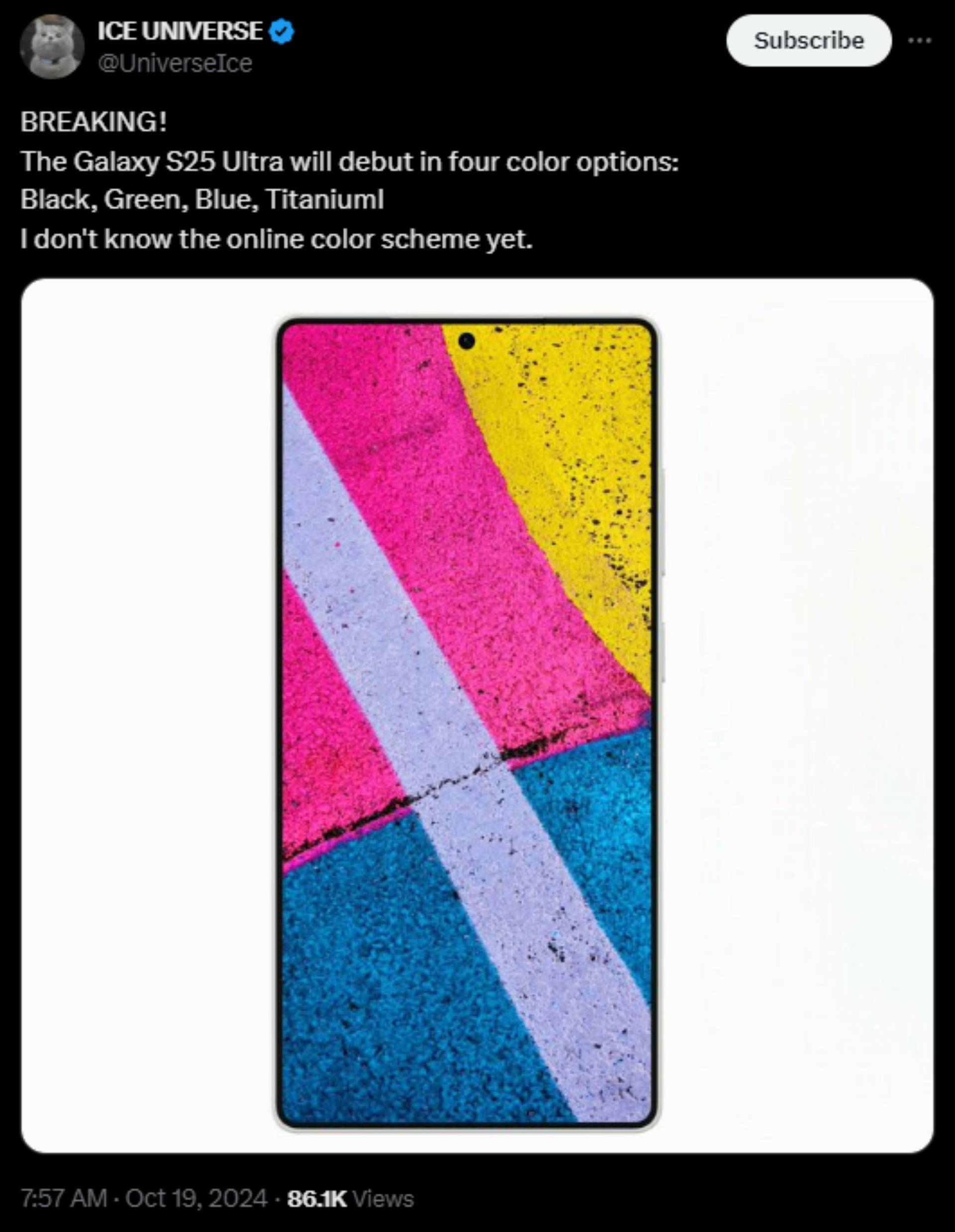 Ice Universe X's post about Samsung Galaxy S25 Ultra colors