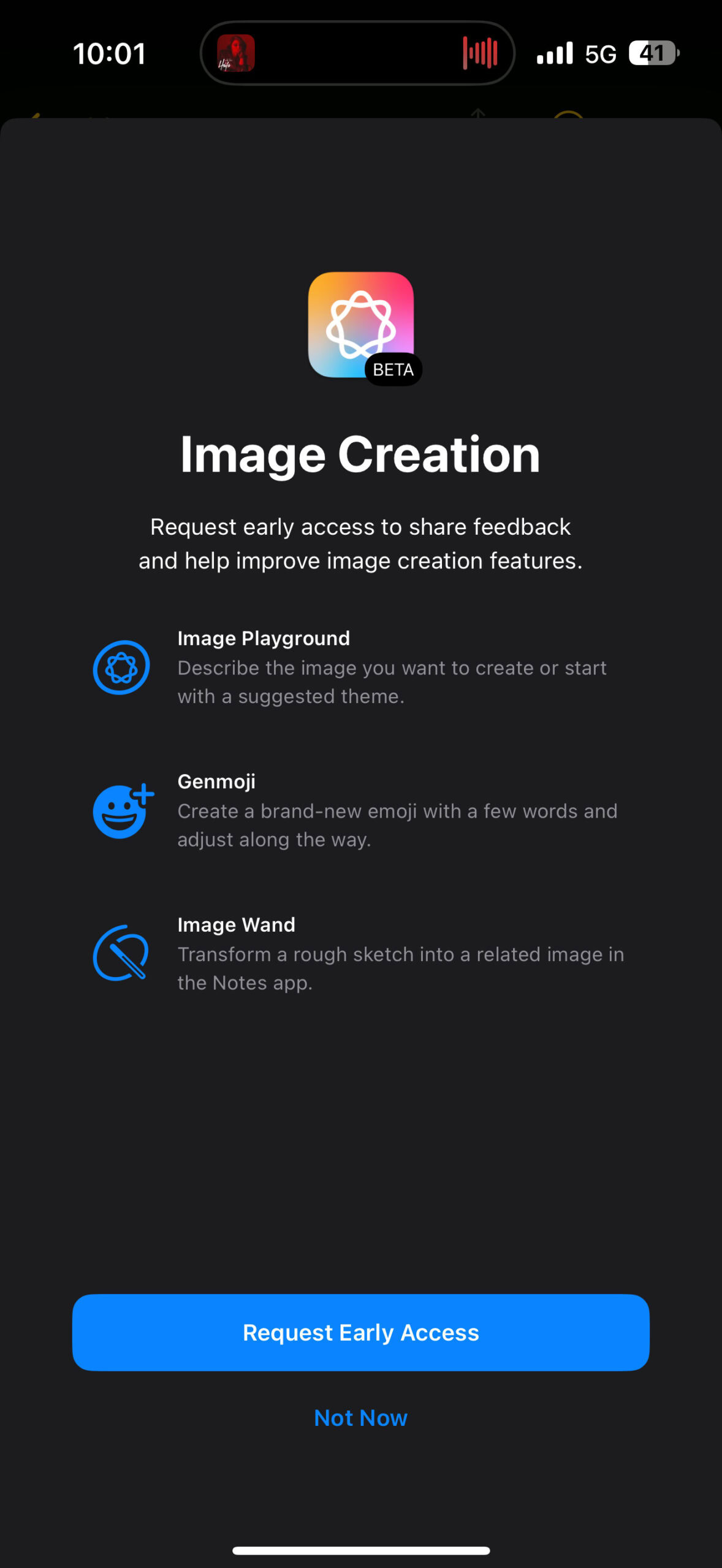 Image Creation splash screen on iOS 18.2 beta 1