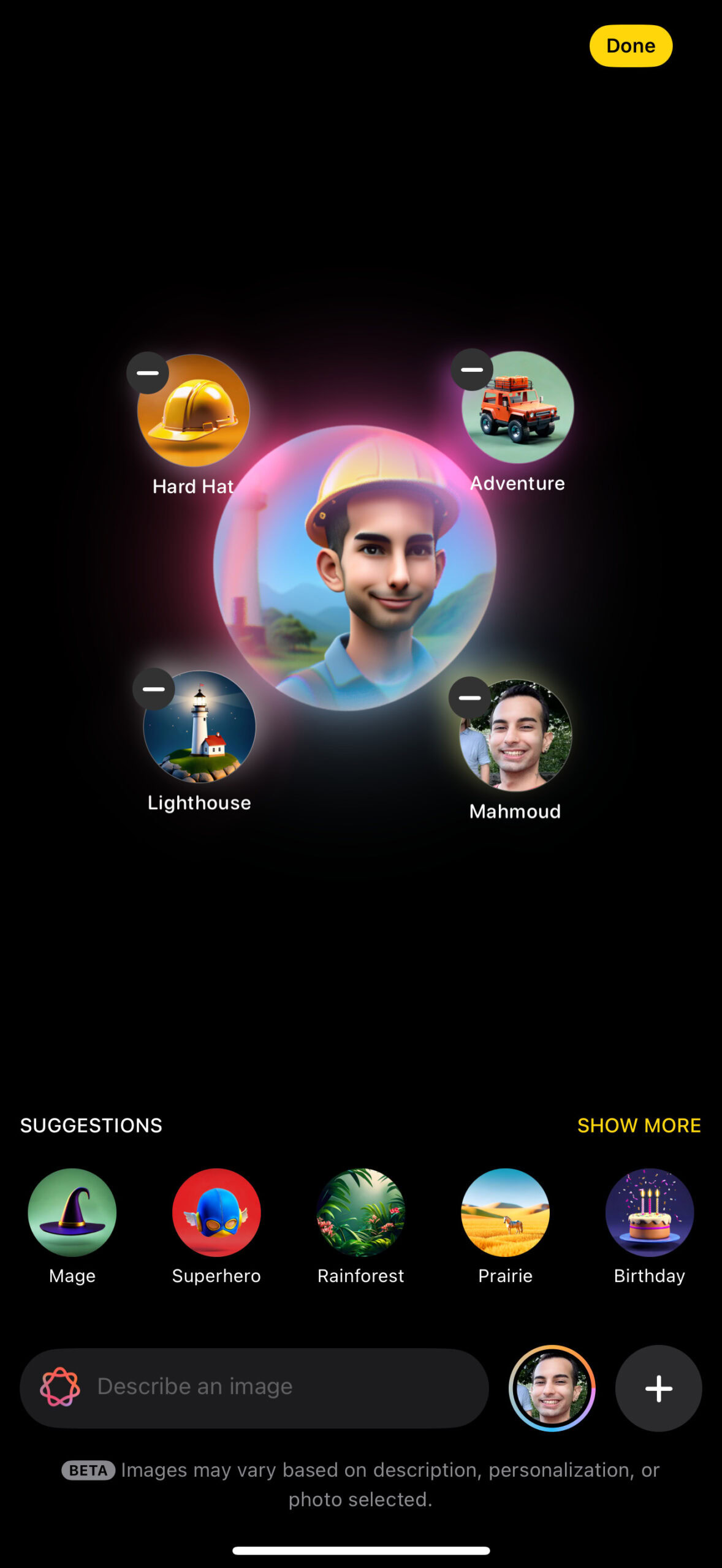 Image Playground app generating an AI avatar of the user on iOS 18.2