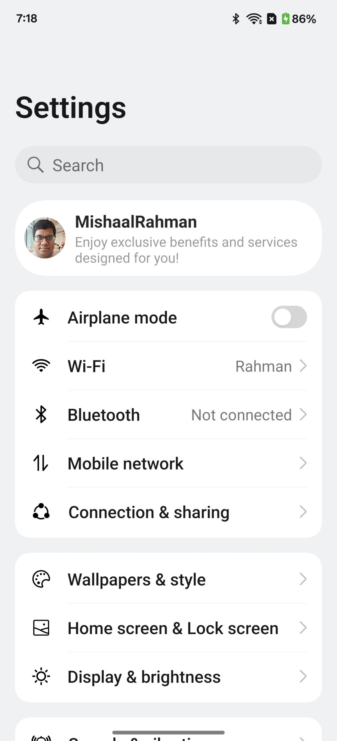 Regular settings in OxygenOS 15