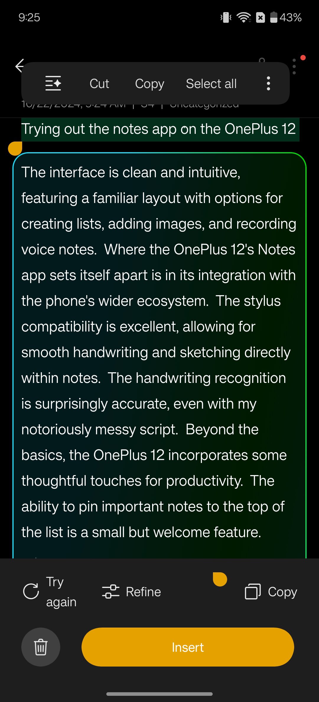 Oxygen OS 15 AI use in Notes app screenshot