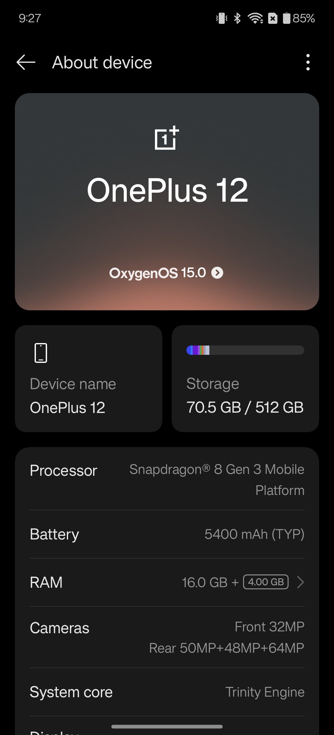 Oxygen OS 15 About Phone page on OnePlus 12