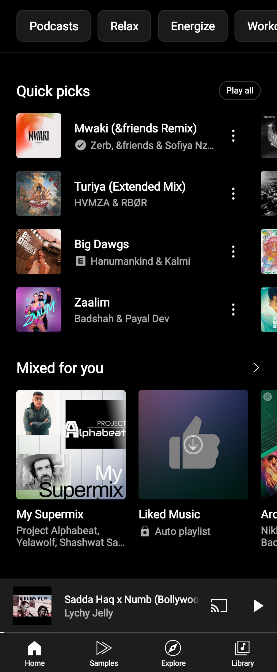 YouTube Music homescreen quick picks screenshot