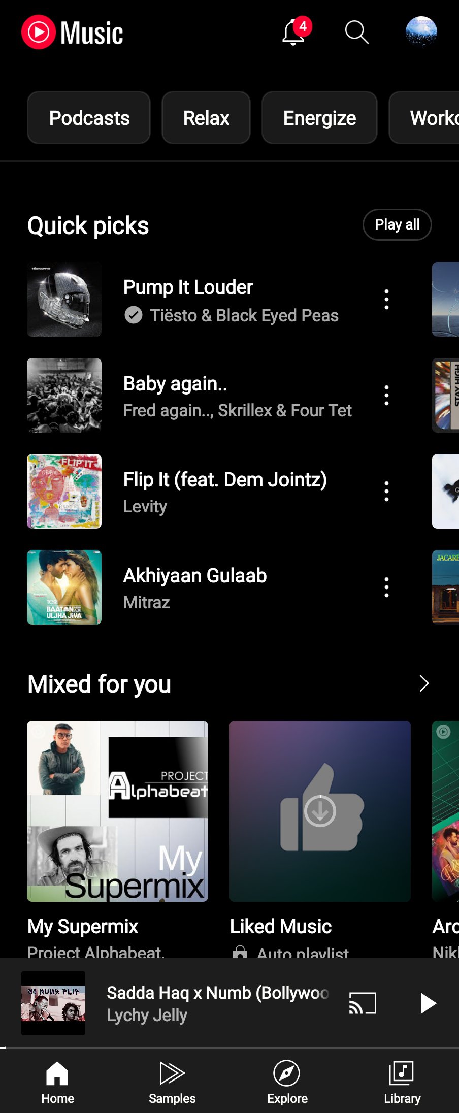 YouTube Music homescreen quick picks screenshot