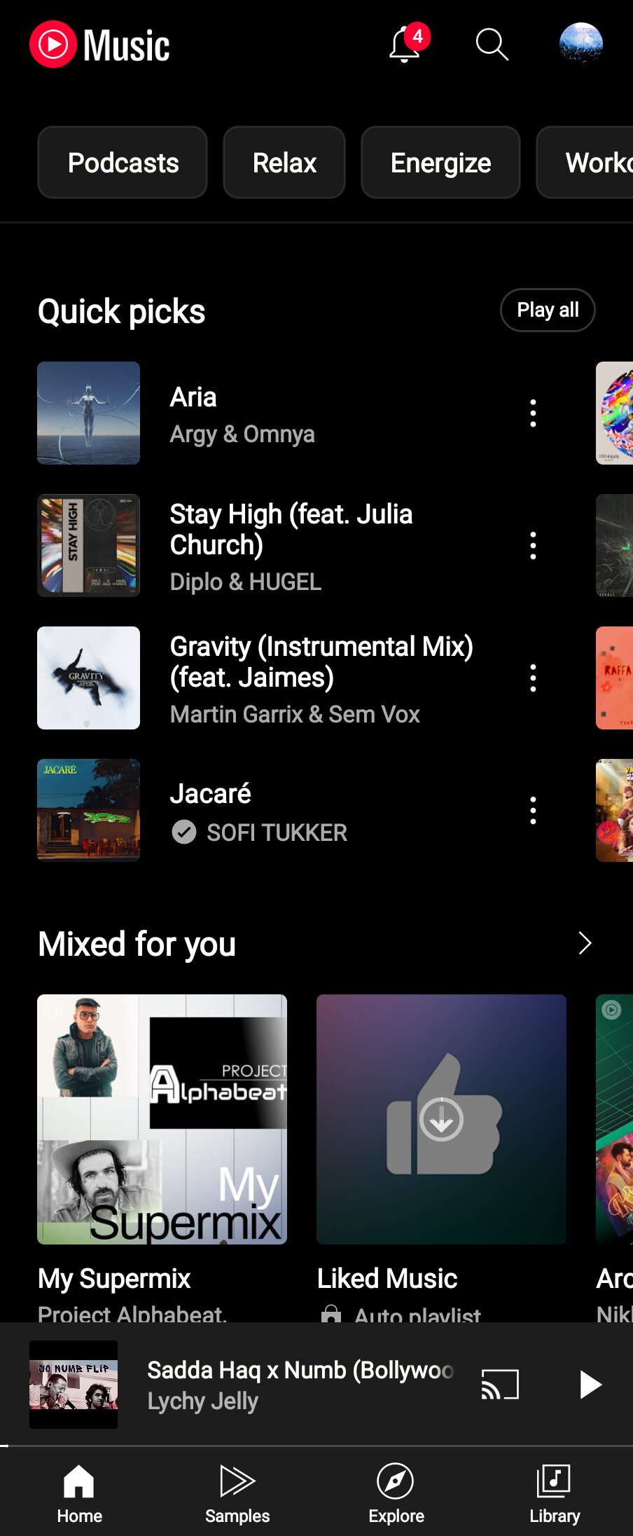 YouTube Music homescreen quick picks screenshot