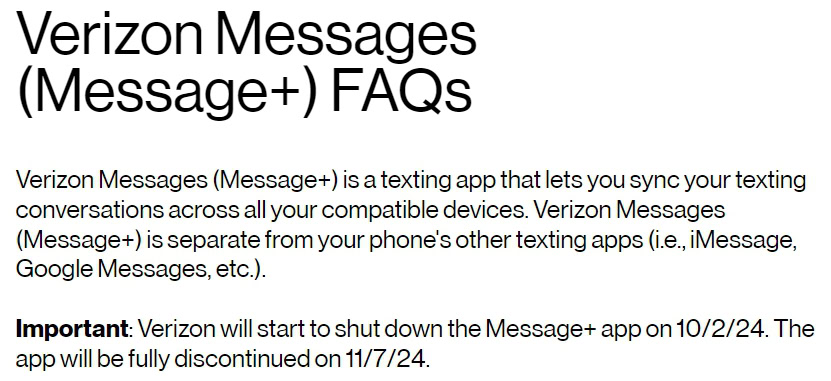 Verizon Message Plus app discontinued