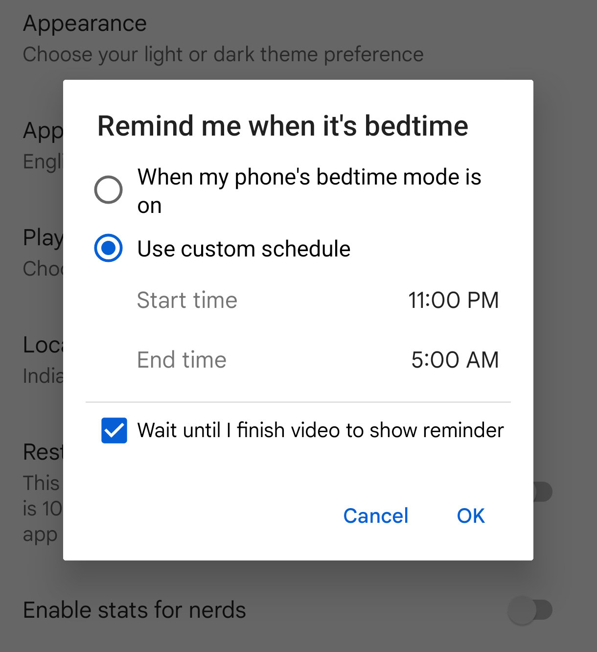 YouTube bedtime reminders