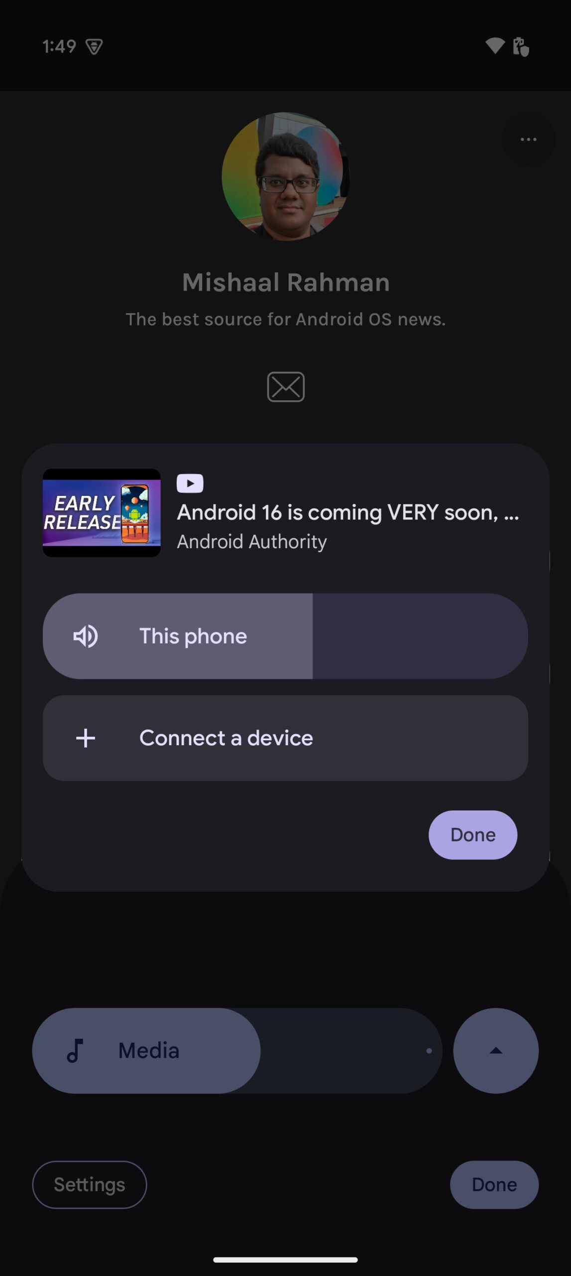 Android 15 media switcher dark mode