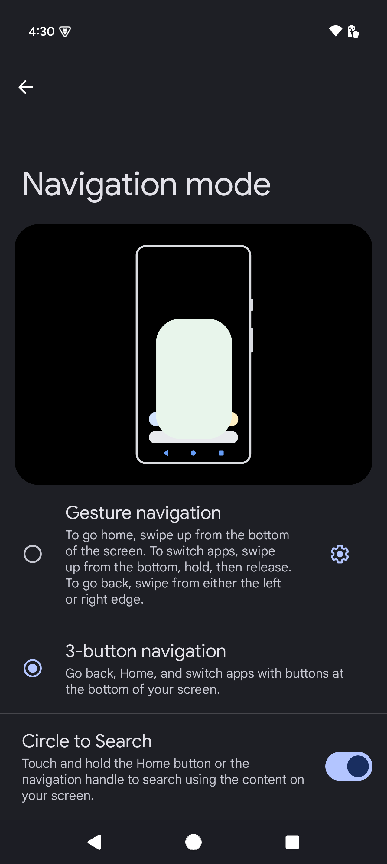 Android navigation mode settings