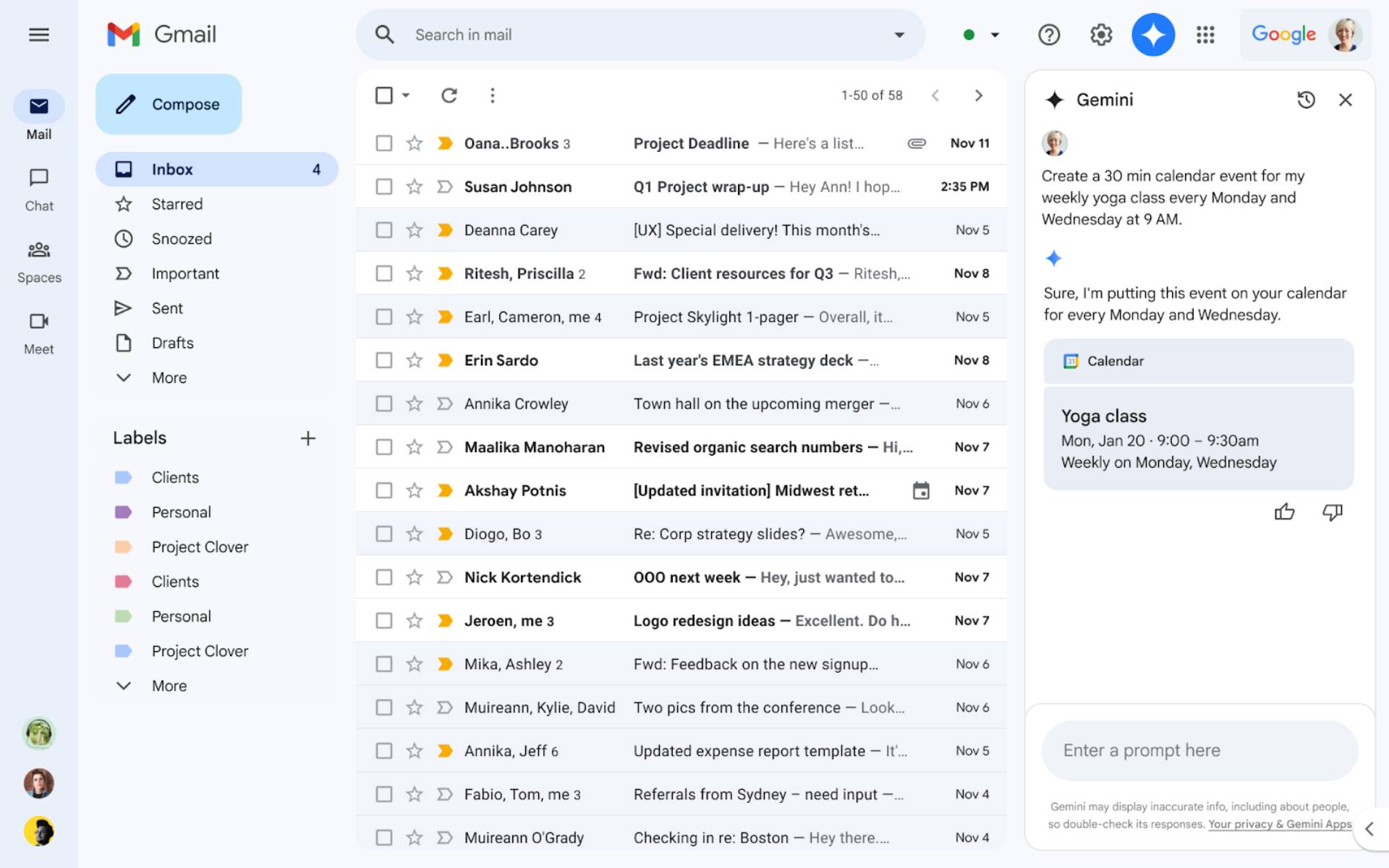 Gemini in Gmail calendar integration