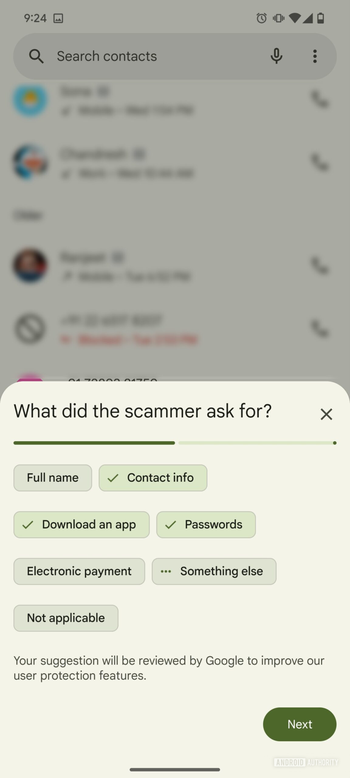 Google Phone app Scam call feedback (1)