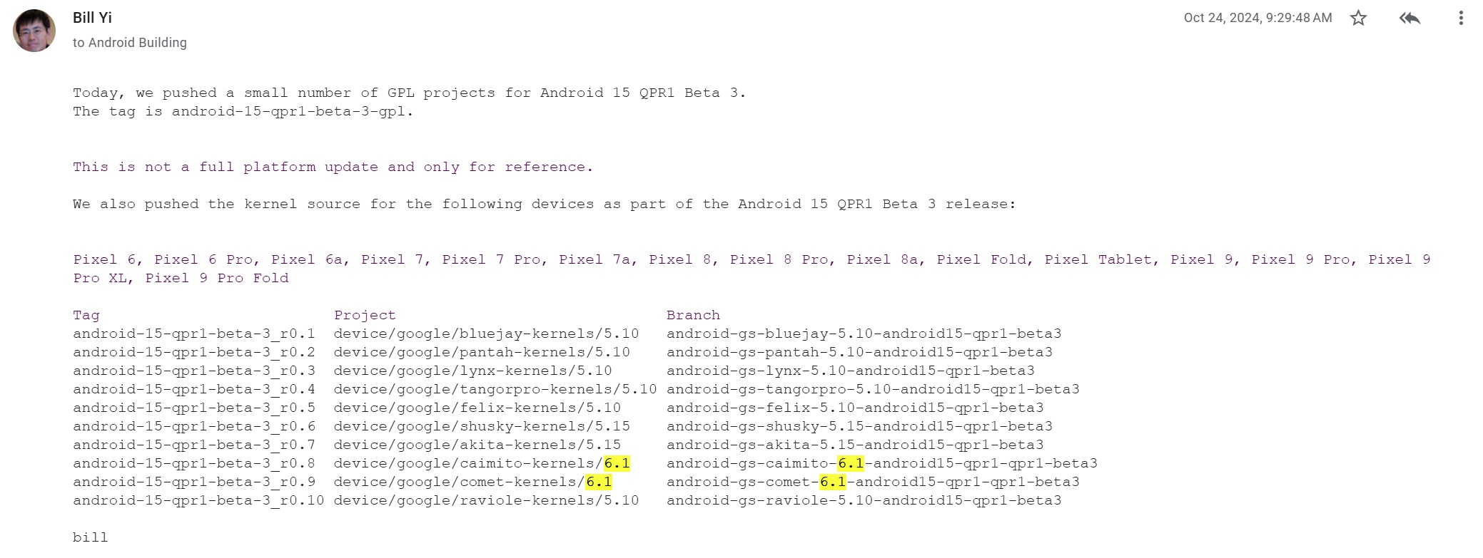 Kernel versions of Pixels on Android 15 QPR1 Beta 3