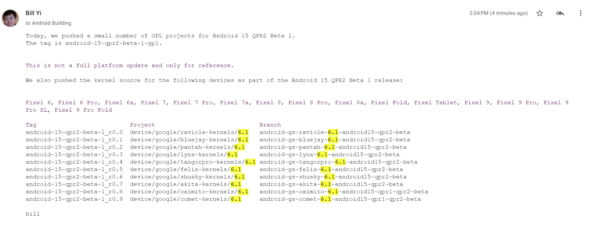 Kernel versions of Pixels on Android 15 QPR2 Beta 1