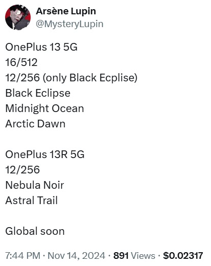 OnePlus 13, 13R color, storage, and RAM variants