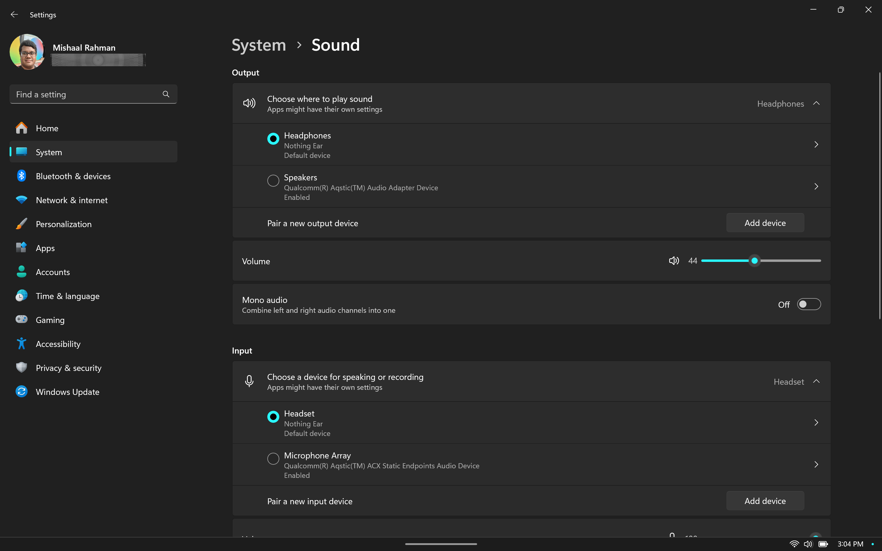 Windows audio input picker