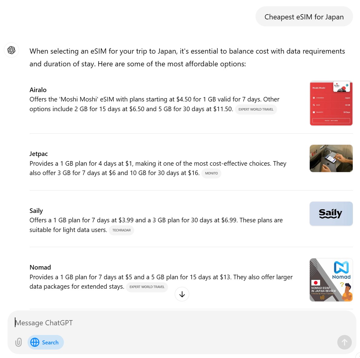 chatgpt search cheapest esim