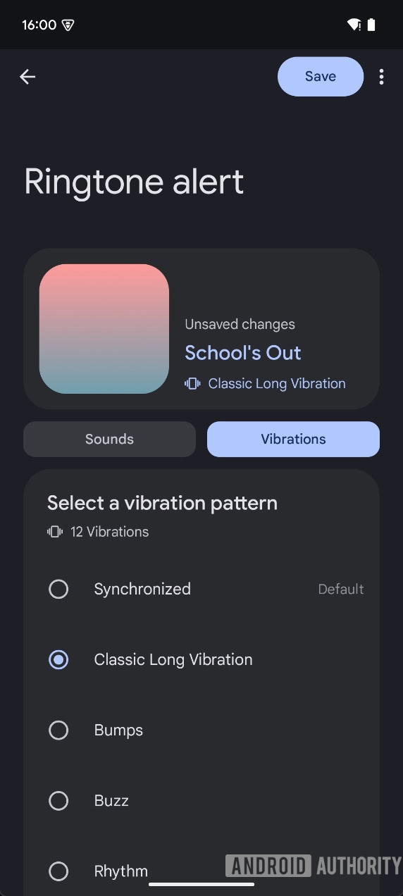 4a Pixel Sounds vibration pattern selected for ringtone