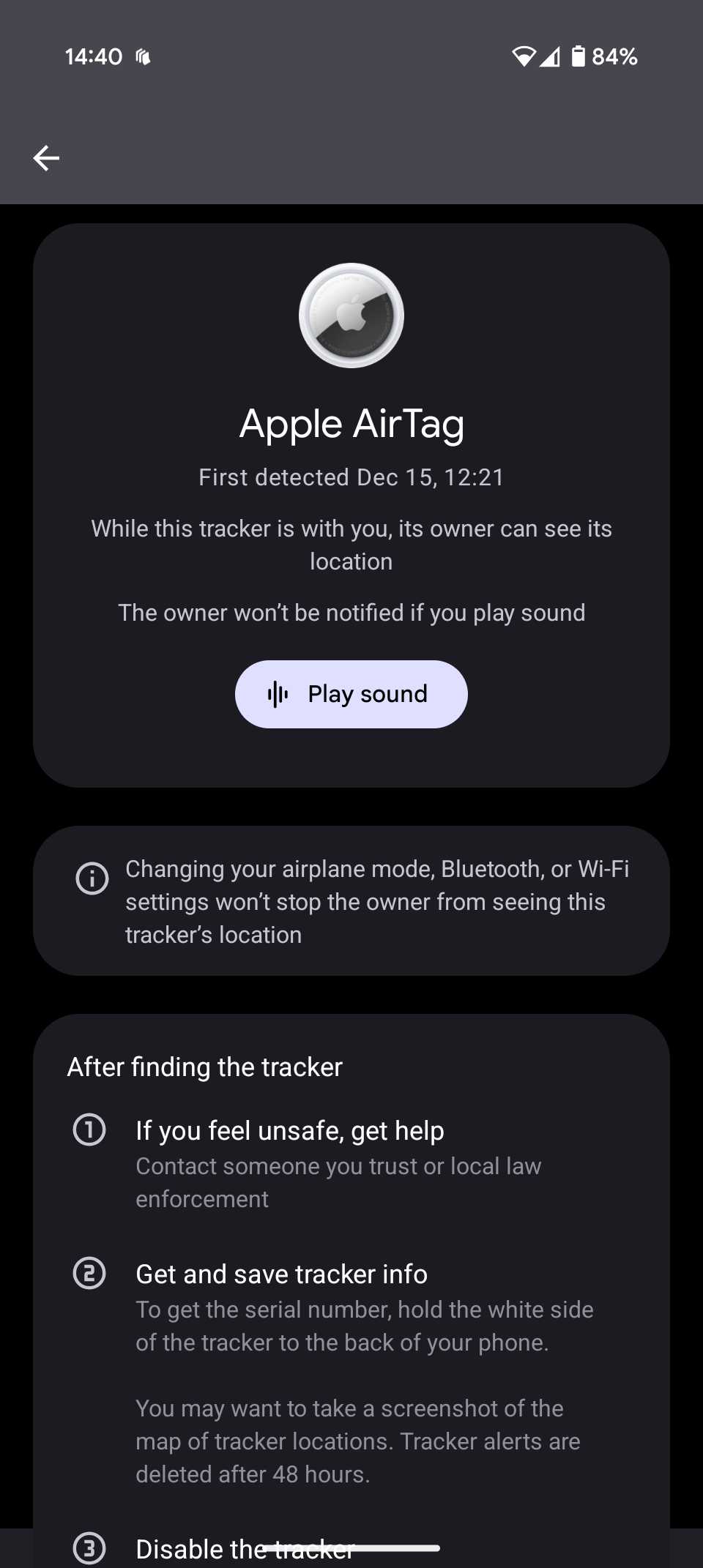 Airtag settings uknown tracker