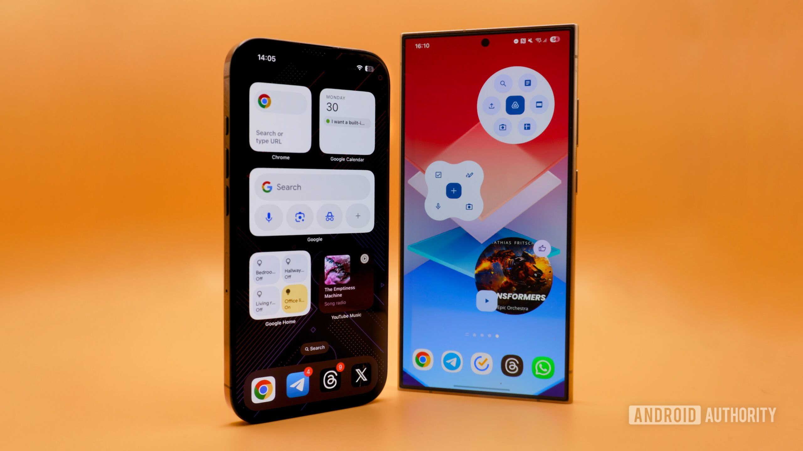 An iPhone 16 Pro and Galaxy S24 Ultra demonstrating the differences btween Google's widgets