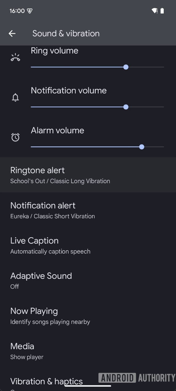 Android sound and vibration settings with new vibration pattern