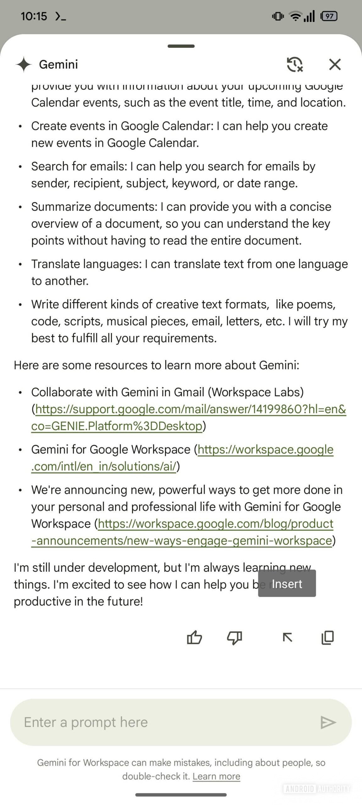 Gemini panel in Gmail with insert button