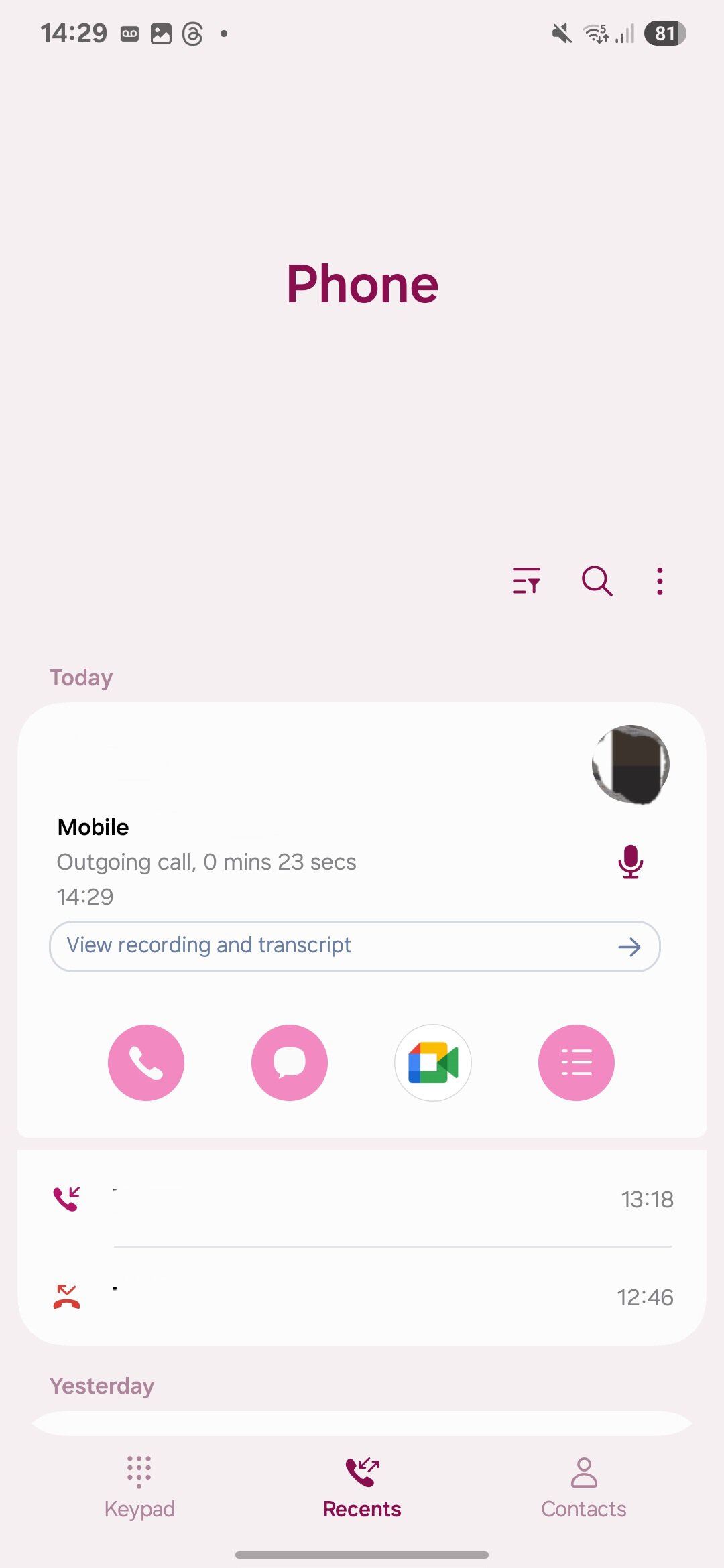 A screenshot of call recording in One UI 7