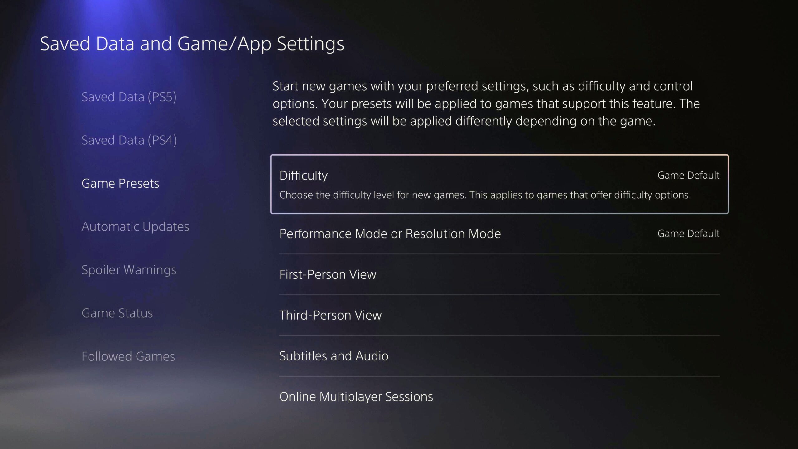 PS5 Saved data settings