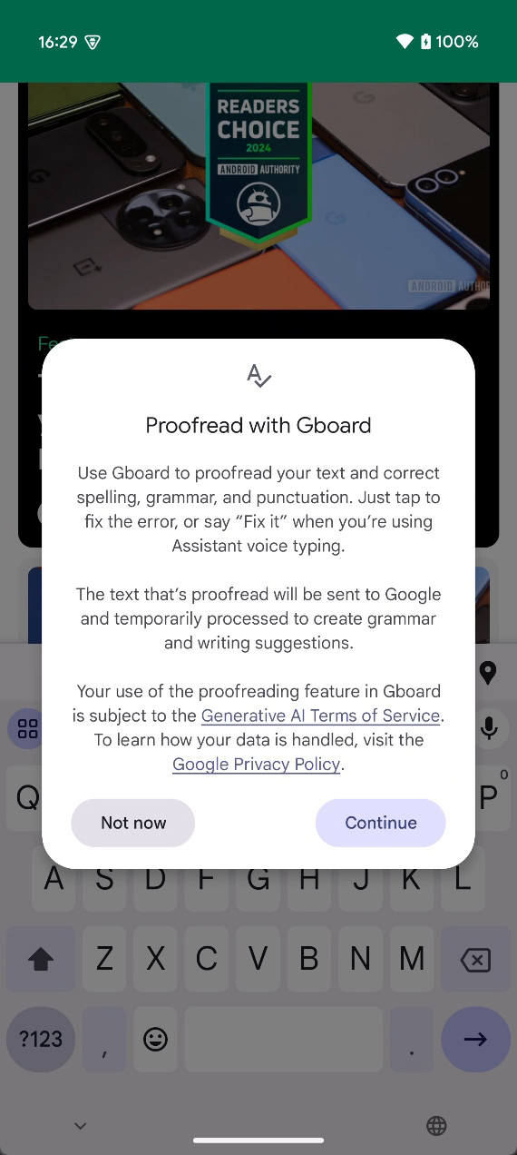 Proofread with Gboard popup